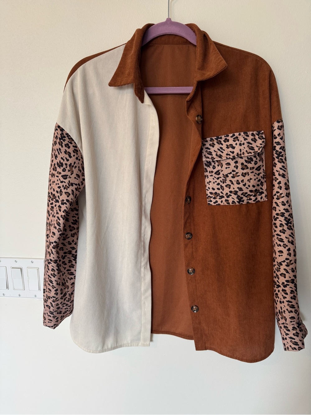 Colorblock Corduroy Shacket Button Down Shirt Jacket Leopard Print Sleeve Accent